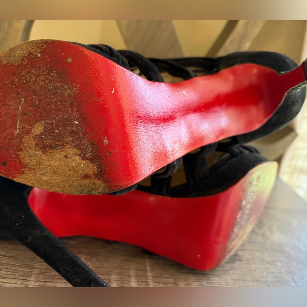🇺🇸💲👠 Christian Louboutin Caged Heels Booties Black Suede Tinazata Red 38.5 EU7.5 - Picture 8 of 10